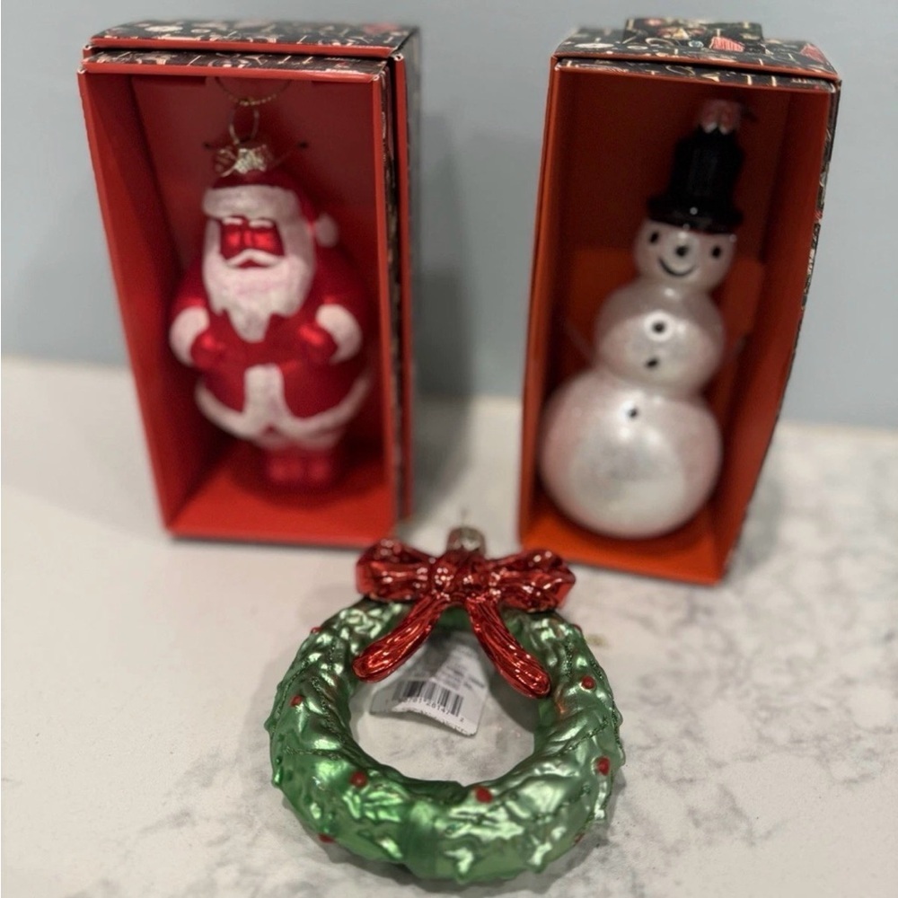 John Derian Target Glass ORNAMENT LOT Snowman, Wreath + Santa NWT